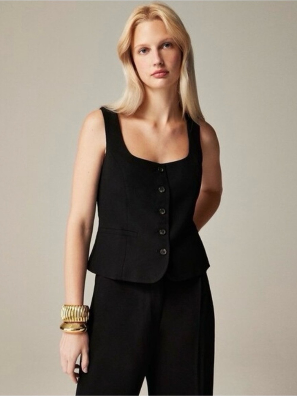 NWT J. Crew Scoop Neck Black Linen Blend Vest with Buttons, Size 4